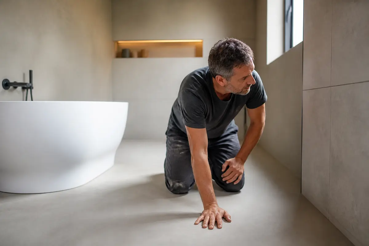 Rustige badkamer met minerale texturen